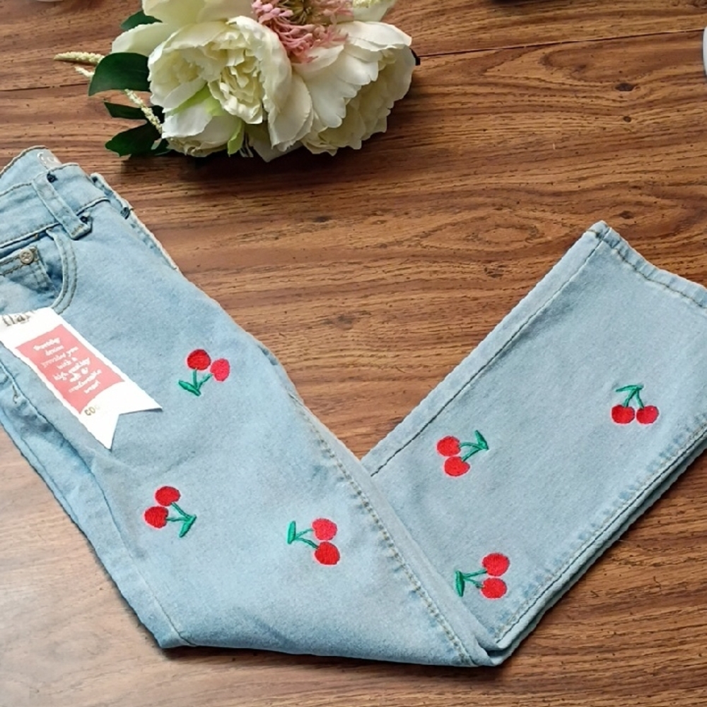 🍒 Girls Size 8 Embroidered Cherry Design Blue Jeans